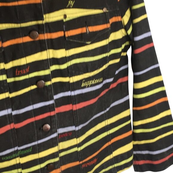 Unique Denim Jacket Womens Medium Black Multicolor Striped Embroidered Happiness - Picture 11 of 16